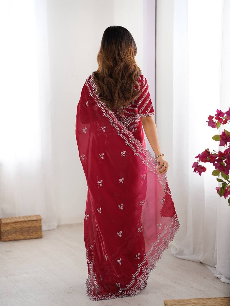 Women's Elegant Regal Purple Georgette Saree with Intricate Silver Thread & Sequin Embroidery – Complete with Embellished Blouse Piece for Festive & Party Wear - Image 23