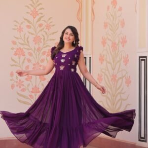 Women's Elegant Plum Purple Georgette Anarkali Gown with Butterfly Applique & Ruffle Sleeves – Festive & Special Occasion Wear